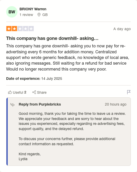 BRIONY Warren gave Purplebricks 2 stars via <a href="/Trustpilot/">Trustpilot</a> trstp.lt/SKT6t5Ziowd #CONmisery #NoBull #ownit