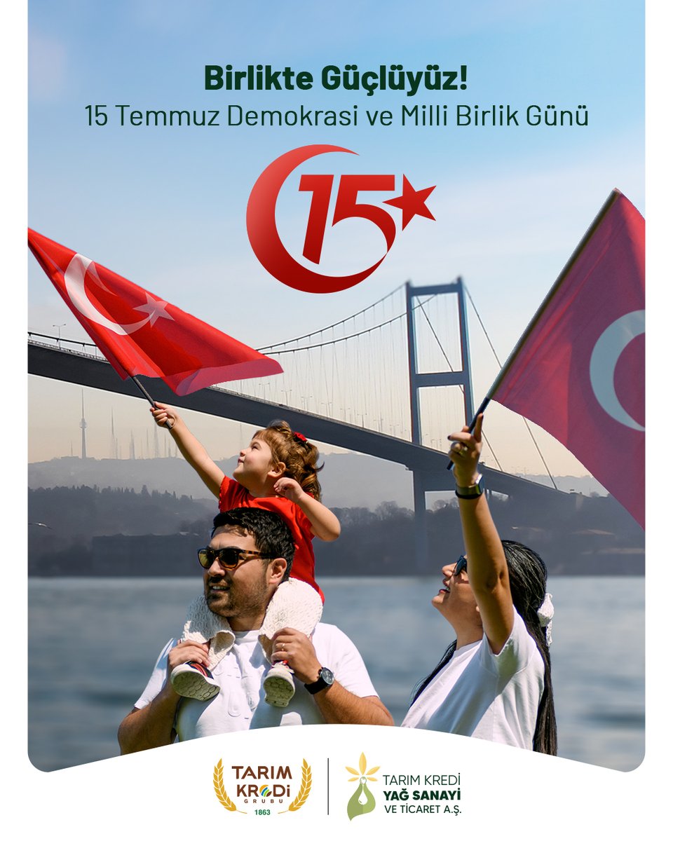 Birlik ruhuyla üretmeye ve sofralara bereket katmaya devam ediyoruz.
15 Temmuz Demokrasi ve Milli Birlik Günü Kutlu Olsun.

#TarımKrediYağ #TarımKrediGrubu
#15TemmuzDemokrasiveMilliBirlikGünü