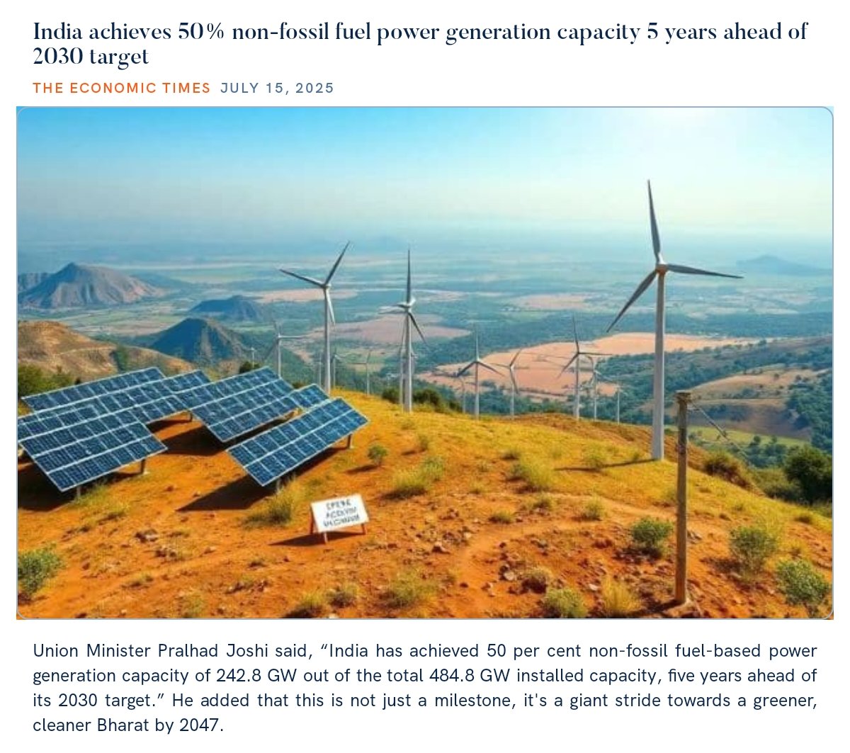 India achieves 50% non-fossil fuel power generation capacity 5 years ahead of 2030 target 
m.economictimes.com/industry/renew…

via NaMo App