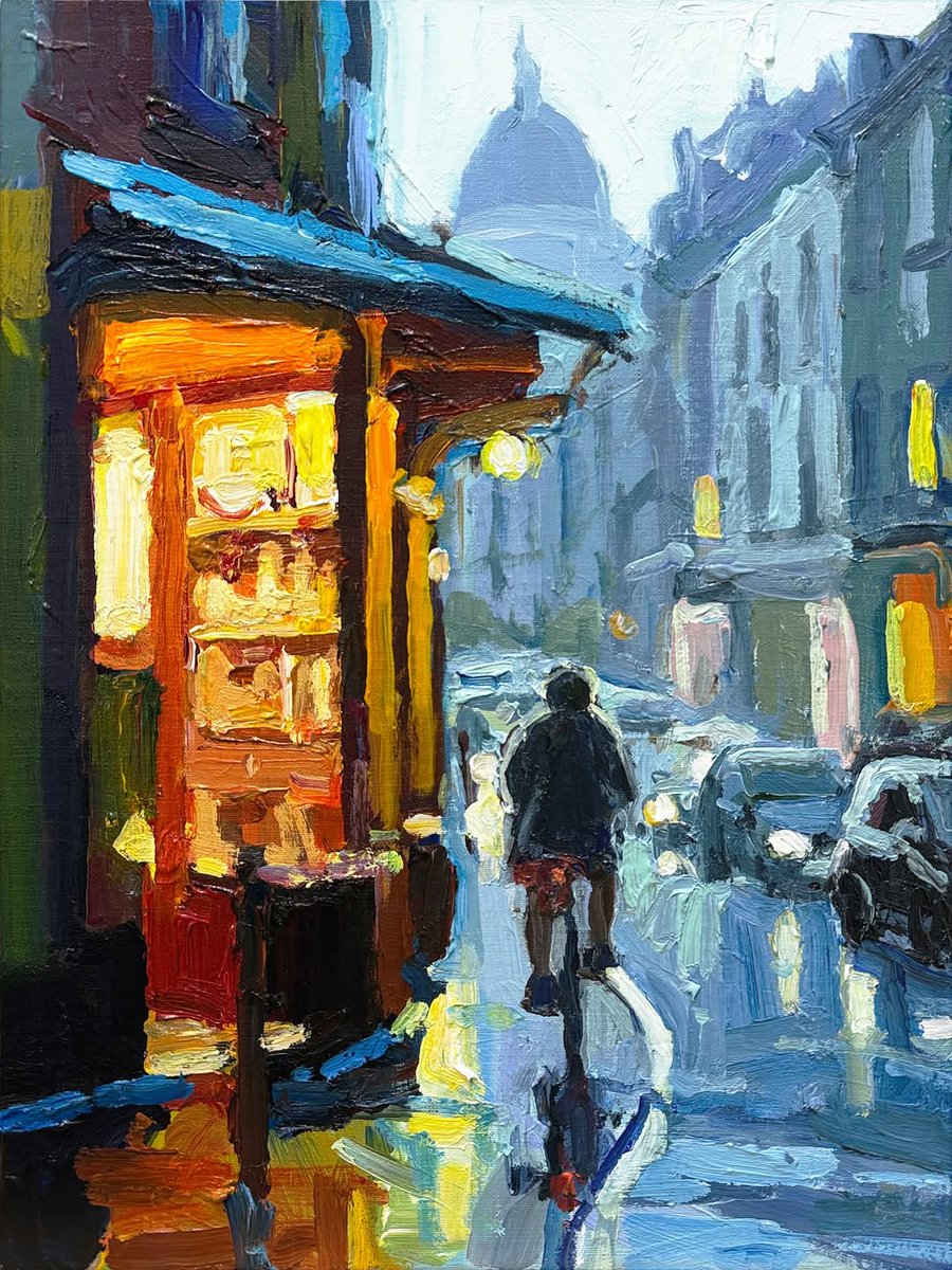RClaremont's tweet image. Someone ahead had balanced a baguette under one arm, tyres hissing on wet cobbles.
The boulangerie glowed behind—like a still-burning thought.
Some moments feel like the last scene in a film… but it was just Tuesday night in Paris. ✨🌙🥐
“Cyclist at Dusk”, 30x40cm.