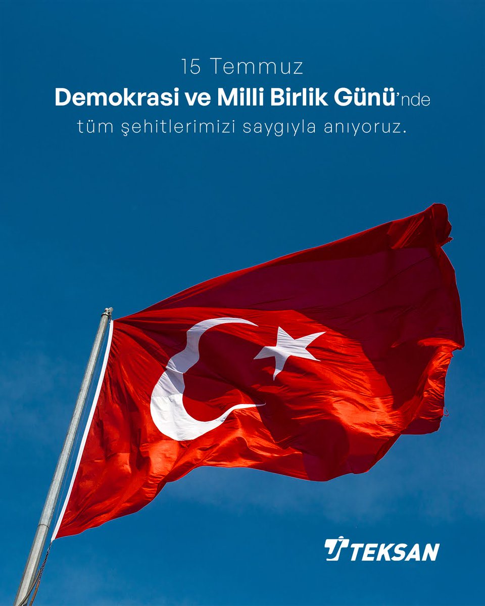 Teksan (@teksanturkiye) on Twitter photo Demokrasi ve Milli Birlik Günü’nde tüm şehitlerimizi saygıyla anıyoruz. 🇹🇷
#Teksan #15TemmuzDemokrasiveBirlikGünü Demokrasi ve Milli Birlik Günü’nde tüm şehitlerimizi saygıyla anıyoruz. 🇹🇷
#Teksan #15TemmuzDemokrasiveBirlikGünü