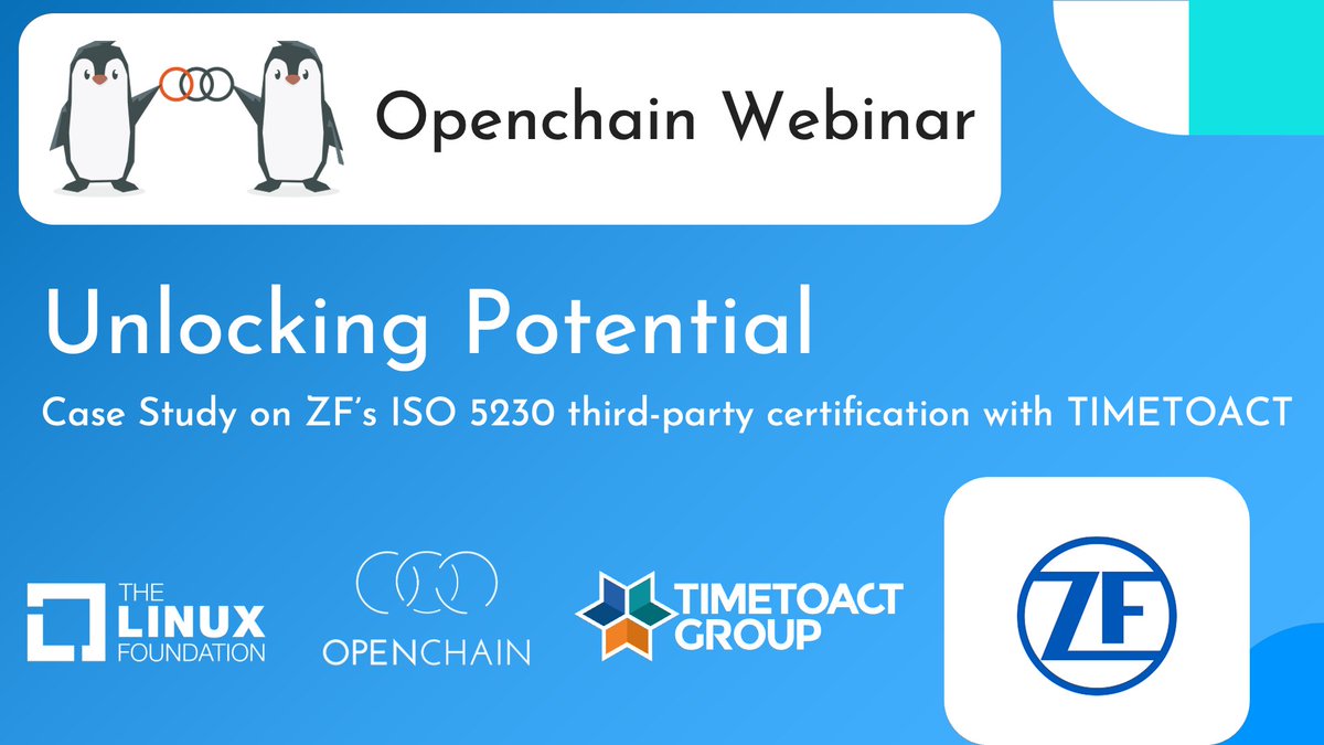 openchainproj's tweet image. Case study on how ZF – one of the world’s largest automotive suppliers – collaborated with TIMETOACT to obtain third-party certification for OpenChain ISO/IEC 5230.
2025-07-29 @ 07:00 UTC / 08:00 BST / 09:00 CEST / 15:00 CST / 16:00 KST + JST
Learn more: hubs.la/Q03xcY9v0