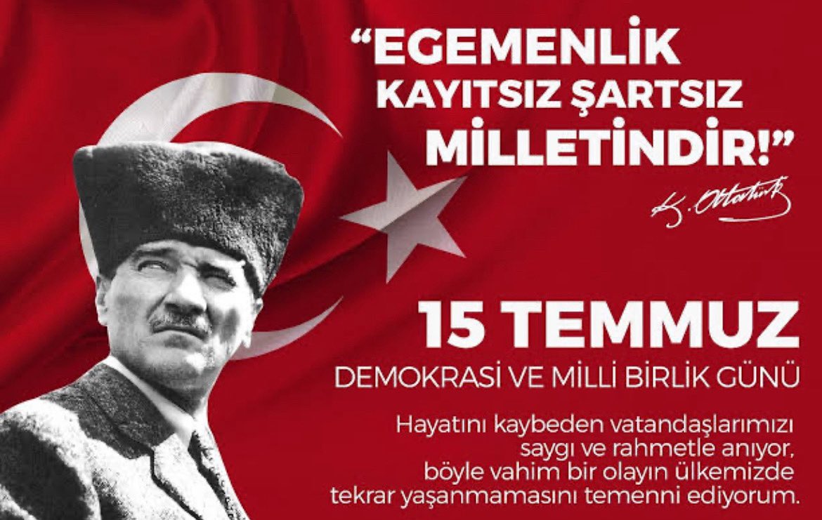 15 Temmuz’da milletimiz,Gazi Mustafa Kemal Atatürk’ün ‘Egemenlik kayıtsız şartsız milletindir’sözünü tarihe yeniden yazdı. Demokrasiye sahipçıkan tüm kahramanları rahmet veminnetle anıyoruz. 🇹🇷 Vakıf. Bşk. Av.Merve Öztopaloğlu Küçükel <a href="/MrvOztopaloglu/">Av. Merve Öztopaloğlu</a> #topaloğlu #topaloğluvakfı