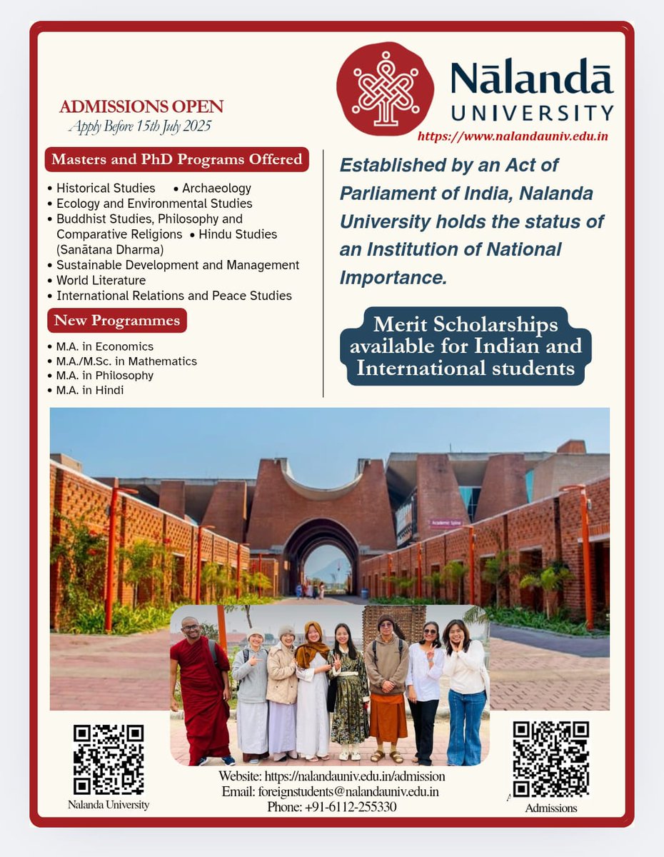 nalanda_univ's tweet image. Admissions Open | 2025–27
Scholarships for Indian and International students.
Last date for Application!

Click to apply: nalandauniv.edu.in/admissions/

@MEAIndia @APanagariya @Sachin_Chat
