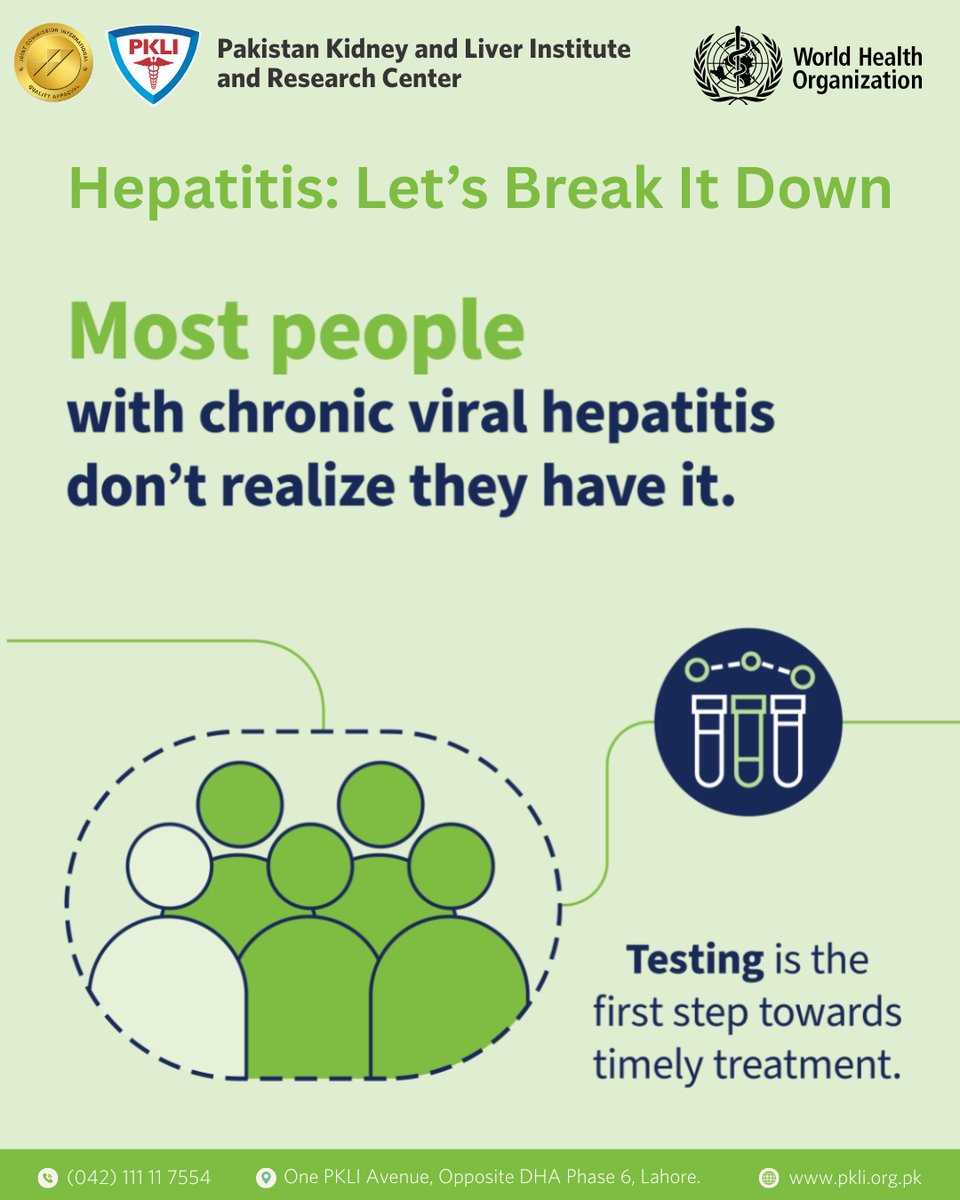 Hepatitis: Let’s Break It Down

Did you know? Most people with chronic viral hepatitis don’t even realize they have it.

Early detection can save lives — and it starts with a simple test.
🌐 Learn more: pkli.org.pk

#PKLI #HepatitisAwareness #TestTreatEliminate