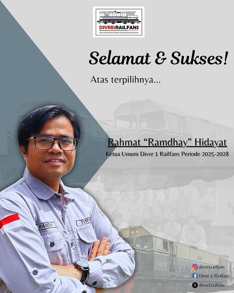 Selamat &amp; Sukses atas terpilihnya abangda Rahmat Hidayat ketua umum komunitas Divre 1 Railfans periode 2025-2028.
Semoga amanah dalam memimpin dan dapat membawa perubahan yang lebih baik bagi Komunitas Divre 1 Railfans yang sebentar lagi akan menginjak Usia 16 Tahun.