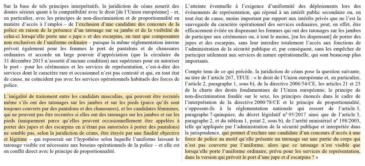 Discrimination &amp; tatouage : La CJUE est saisie d'une question relative à l'exclusion d'une candidate aux concours de police.

Car elle porte un tatouage sur la jambe, non couverte par l'uniforme (en jupe).

Alors qu'un tatouage, au même endroit, ne bloquerait pas les hommes.