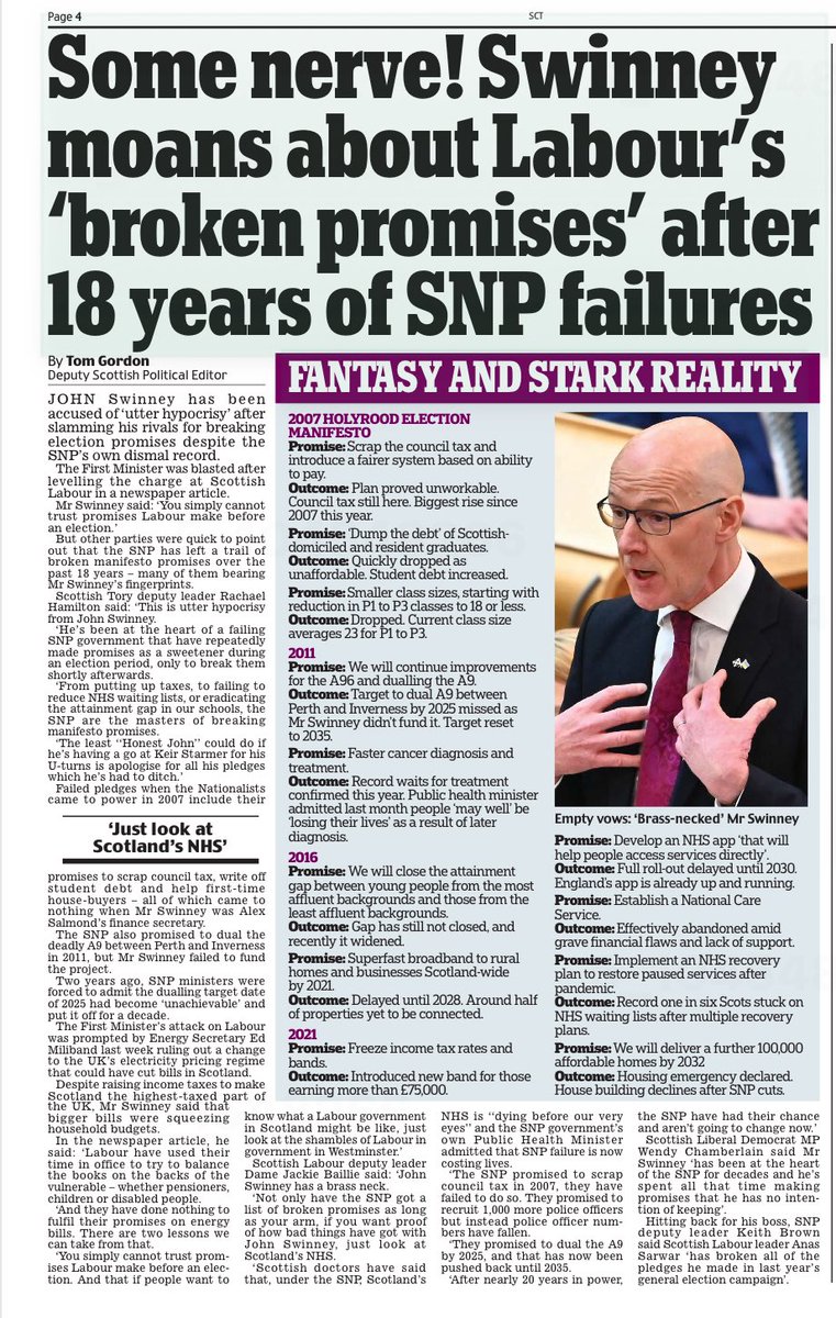 CallmeRayf's tweet image. The sheer brass neck of โHonestโ John - complaining that Labour have broken election promises. If Swinney makes an election promise before next yearโs election then why has it taken 18 years of power to fail to deliver it? ๐ค