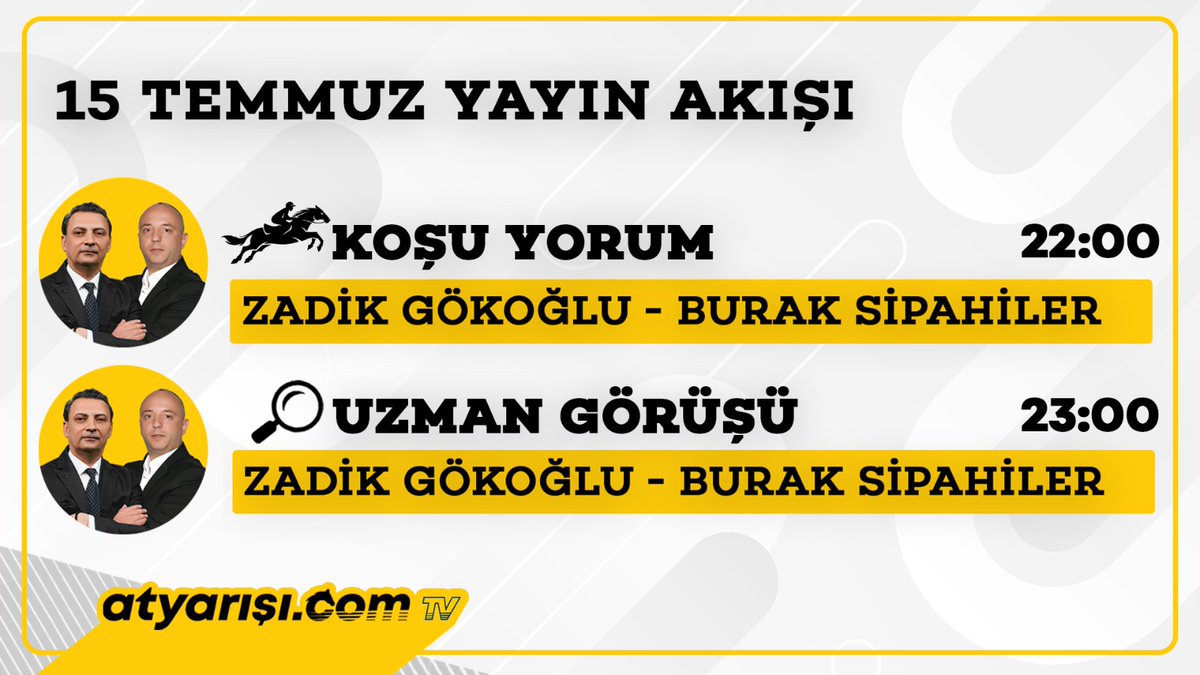 atyarisi (@atyarisicom) on Twitter photo BU AKŞAMIN YAYIN PROGRAMI;
🐴 Saat 22:00’de günün koşularının değerlendirildiği KOŞU YORUM
🐴 Saat 23:00’te bir sonraki günün değerlendirildiği UZMAN GÖRÜŞÜ
<a href="/zadikgokoglu/">Zadik Gökoğlu</a> <a href="/BurakSipahiler/">Burak Sipahiler</a>
Kanala Abone Olmak İçin --> youtube.com/@atyarisi_com BU AKŞAMIN YAYIN PROGRAMI;
🐴 Saat 22:00’de günün koşularının değerlendirildiği KOŞU YORUM
🐴 Saat 23:00’te bir sonraki günün değerlendirildiği UZMAN GÖRÜŞÜ
<a href="/zadikgokoglu/">Zadik Gökoğlu</a> <a href="/BurakSipahiler/">Burak Sipahiler</a>
Kanala Abone Olmak İçin --> youtube.com/@atyarisi_com