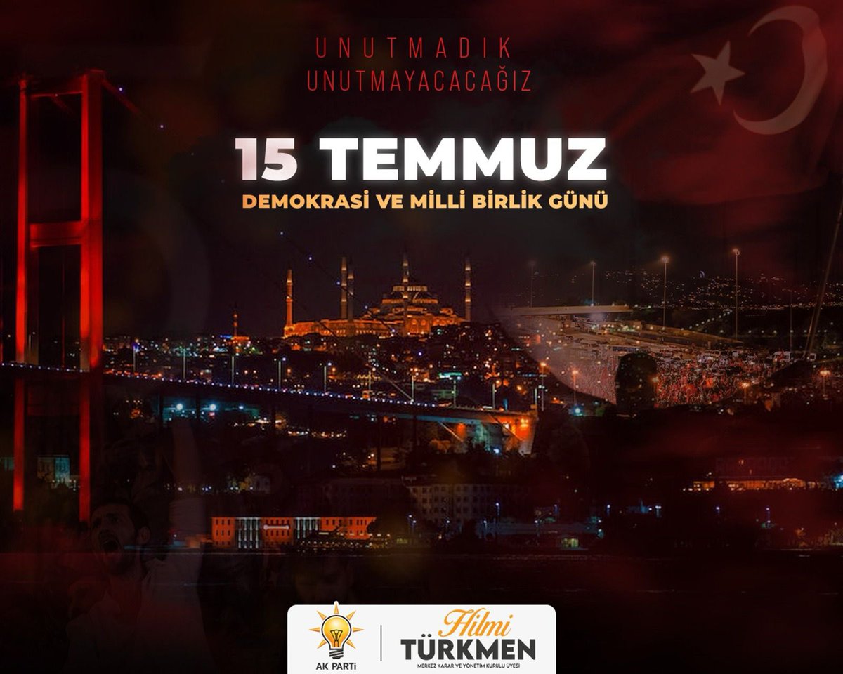 #15Temmuz gecesi, gözünü kırpmadan şehadete yürüyen aziz şehitlerimizi, cesaretiyle tarih yazan kahraman gazilerimizi saygıyla, minnetle anıyoruz.

O gece milletimiz, imanı ve iradesiyle bir destan yazdı.
Unutmadık, unutturmayacağız! 

#ZaferinAdıTürkiye