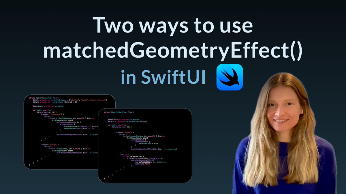 I've just published a new video! It covers two ways to use matchedGeometryEffect() in SwiftUI: transitioning between views when one is removed and another added, and moving a selection marker by matching the geometry of a non-source view to a source.
▶️ youtu.be/i87zOQubYoI