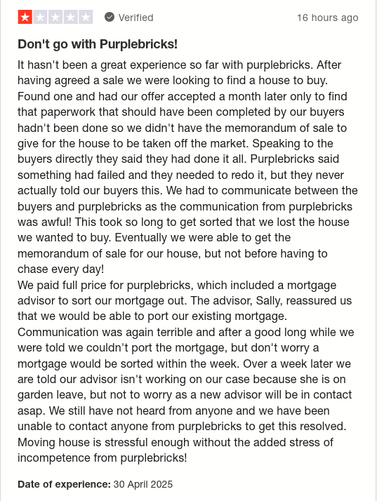 Fiona Chaplin gave Purplebricks 1 star via <a href="/Trustpilot/">Trustpilot</a> trstp.lt/hGWKuTXg9H #CONmisery #NoBull #ownit