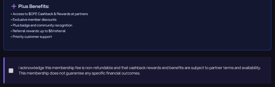 📣 In ~30 minutes, the Plus Membership goes live!

Before you can activate it, you must check this box ✅ to acknowledge the terms.

Be ready. Benefits are 🔥
#Ofero #Cashback #Web3 #Membership