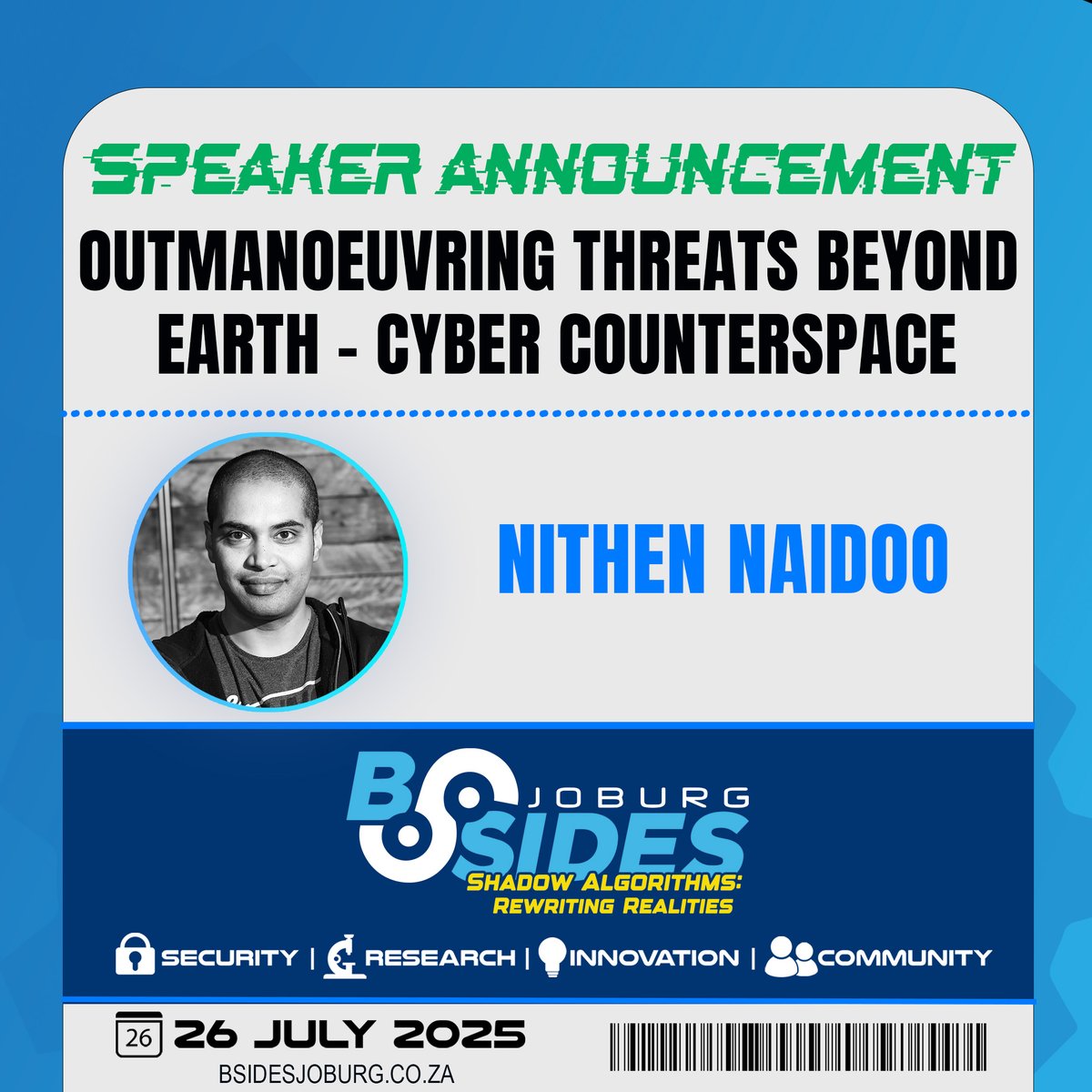 Nithen Naidoo will be presenting "Outmanoeuvring Threats Beyond Earth - Cyber Counterspace".

BSides Joburg Schedule: pretalx.com/bsides-joburg-…

Get your BSides Joburg ticket: quicket.co.za/events/306395-…