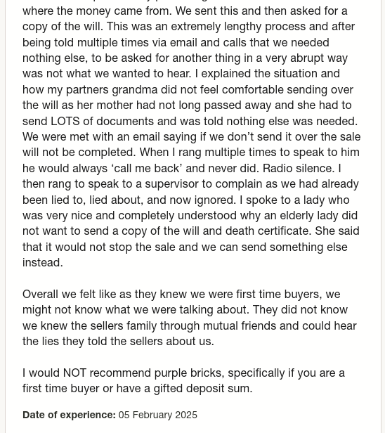 Faye wil gave Purplebricks 1 star via <a href="/Trustpilot/">Trustpilot</a> trstp.lt/z0P_O_nM_U #CONmisery #NoBull #ownit