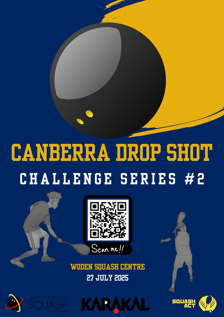SquashACT's tweet image. Canberra Drop Shot Challenge Series #2 entries for the tournament are now open
📍Venue: Woden Squash Centre
📅Date: Sunday 27 July
🔥Grades: Suitable for all levels of players
🚨Entry Deadline : 23 July

Register through the link now to secure your spot! - squashact.asn.au/events/302559