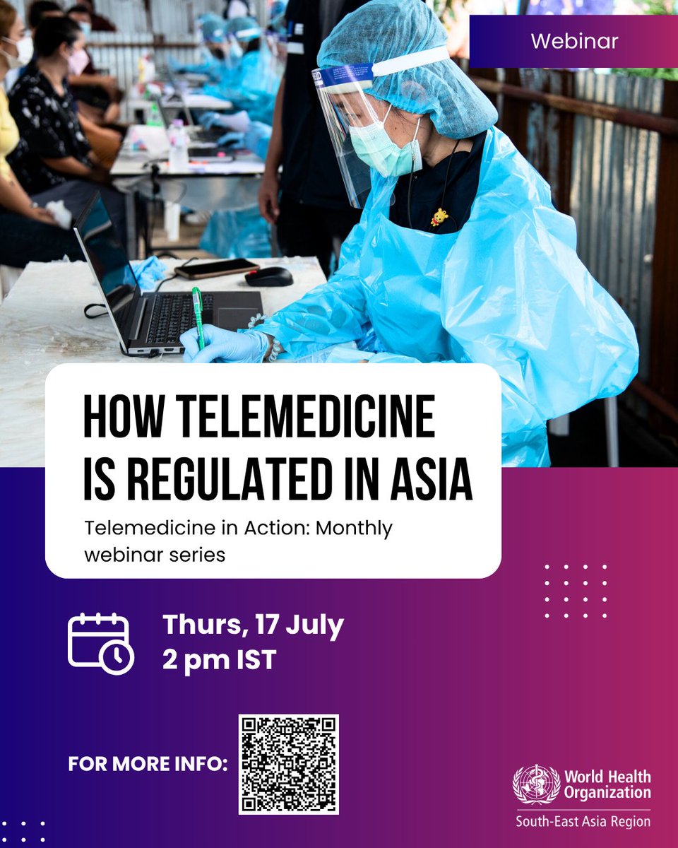 WHOSEARO's tweet image. #Webinar Alert! 💻
Join us for the 5th session in our series - #TelemedicineInAction: Transforming Healthcare in LMICs – in partnership with @IntelehealthOrg .
In this session 'Telemedicine Regulations in South & Southeast Asia', our speakers will share about
💻 the evolving…