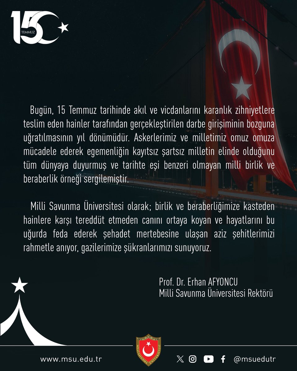 msuedutr's tweet photo. Rektörümüz Prof. Dr. Erhan Afyoncu'nun 15 Temmuz Demokrasi ve Milli Birlik Günü mesajı. https://t.co/sUfCr4fLfb