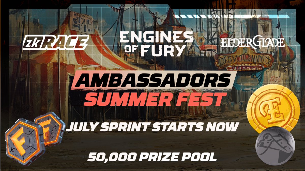 EnginesOfFury's tweet image. Summer Fest x PART 2! 🎠 JULY SPRINT STARTS NOW
3 games × 3 communities = triple the rewards &amp;amp; action!  @EnginesOfFury × @Elderglade × @zk_Race

Special announcements, huge reveals, &amp;amp; epic events. 
READY. SET. GO: bit.ly/4mexmZJ