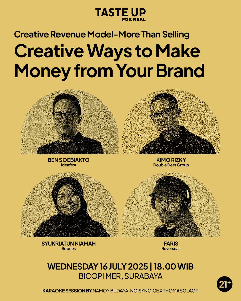 Taste Up For Real edisi Surabaya, kita obrolin gimana brand kamu bisa membuka lebih banyak peluang lewat pendekatan kreatif. 

Rabu, 16 July 2025
@bicopis , Surabaya
18.00 - 23.00

Terbuka untuk semua pelaku brand lokal &amp; UMKM yang mau taste up.

#TasteUpForReal