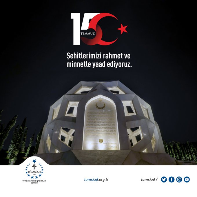 15 Temmuz Demokrasi ve Millî Birlik Günü vesilesiyle başta 15 Temmuz şehitlerimiz olmak üzere, vatanımız, milletimiz ve mukaddesatımız uğruna can veren bütün şehitlerimizi rahmet ve minnetle yâd ediyorum. 

#15temmuz

<a href="/tumsiad/">TÜMSİAD</a>