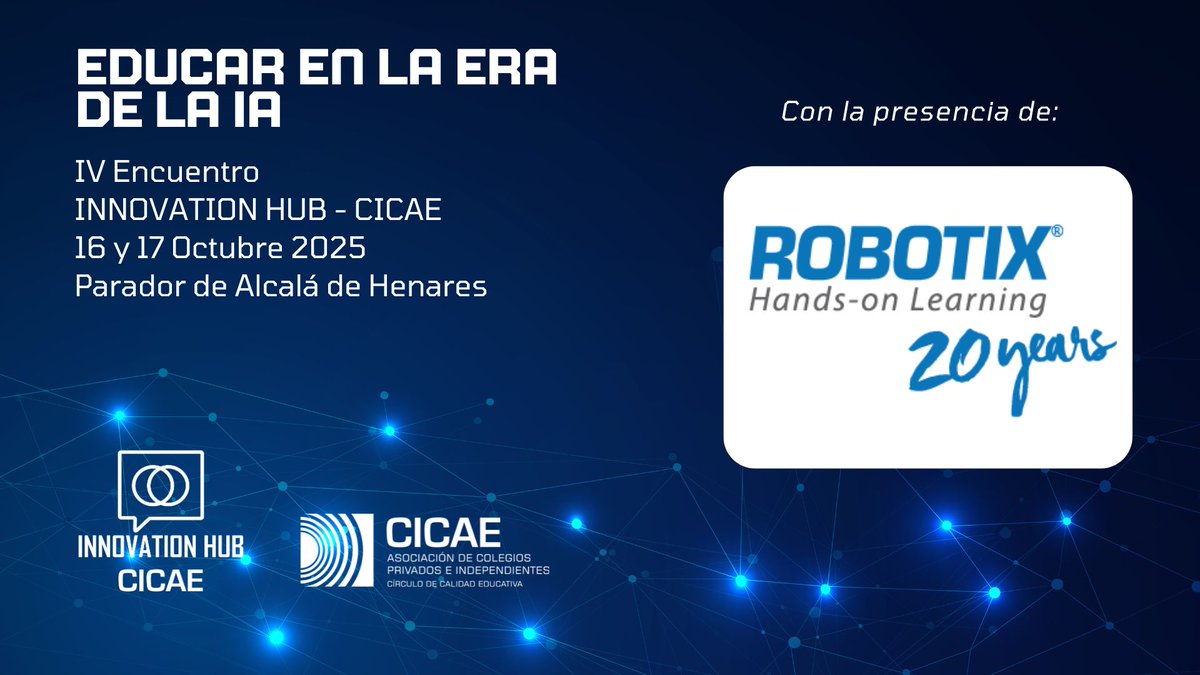 CICAE (@cicae_educacion) on Twitter photo 📣 ¡Confirmada la presencia de <a href="/ROBOTIX_/">ROBOTIX Hands-on Learning</a> en el IV Innovation Hub - CICAE!
Nos vemos el 16 y 17 de octubre en Alcalá de Henares para hablar de educación e inteligencia artificial.
🔗 cicae.com/actividades-ci…
#CICAE #InnovationHub #IAenlaEducación 📣 ¡Confirmada la presencia de <a href="/ROBOTIX_/">ROBOTIX Hands-on Learning</a> en el IV Innovation Hub - CICAE!
Nos vemos el 16 y 17 de octubre en Alcalá de Henares para hablar de educación e inteligencia artificial.
🔗 cicae.com/actividades-ci…
#CICAE #InnovationHub #IAenlaEducación