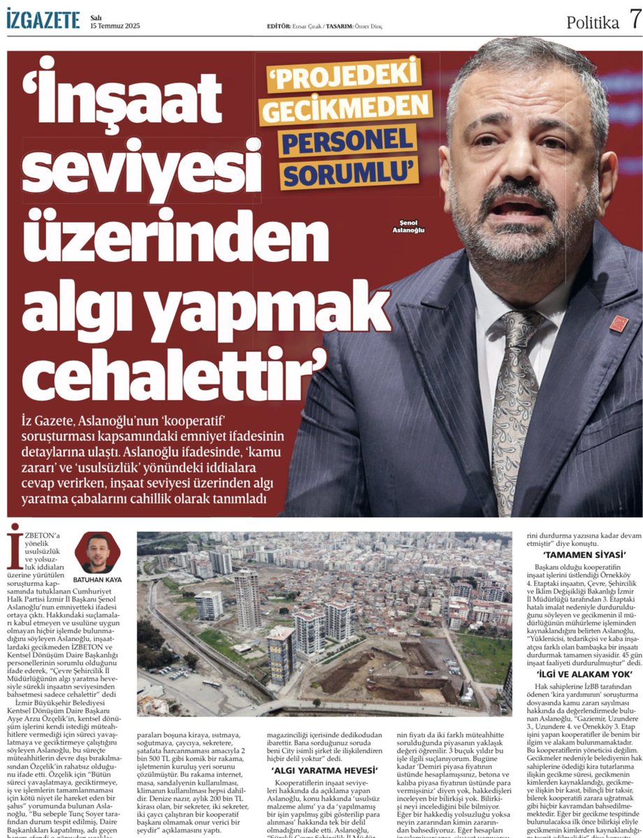 DIŞARIDA ATIP TUTMAK KOLAY (!)

CHP’nin tutuklu İzmir İl Başkanı Şenol Aslanoğlu’nun 2 hafta önce emniyetteki ifadesini haberleştirmiş muhabirimiz. 

Defalarca belirttiğim gibi; İZBB yönetimi gerçekleri çarpıtmayı, algı yaratmayı ibadet haline getirdi. 

Ama gerçekler o kadar