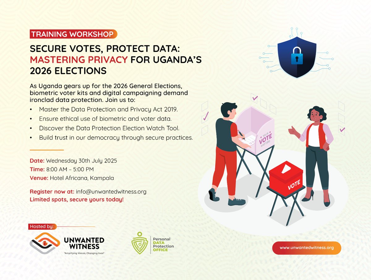 Unwanted Witness (@unwantedwitness) on Twitter photo Tech in elections brings new risks: voter data leaks, unethical digital campaigns, surveillance. Let’s change that.
📅 30 July. Hotel Africana.
Workshop on ethical data practices for 2026 elections.
Register 👉 info@unwantedwitness.org Tech in elections brings new risks: voter data leaks, unethical digital campaigns, surveillance. Let’s change that.
📅 30 July. Hotel Africana.
Workshop on ethical data practices for 2026 elections.
Register 👉 info@unwantedwitness.org