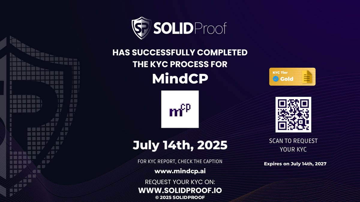 We have finished the KYC process for <a href="/MindCPAI/">MindCP</a>🛡️
Well deserved KYC Gold Tier!

Check the security score here: github.com/solidproof/Pro…

Need a Smart contract audit, KYC or development support? Send us a message, our sales team will gladly make a customized offer for you!