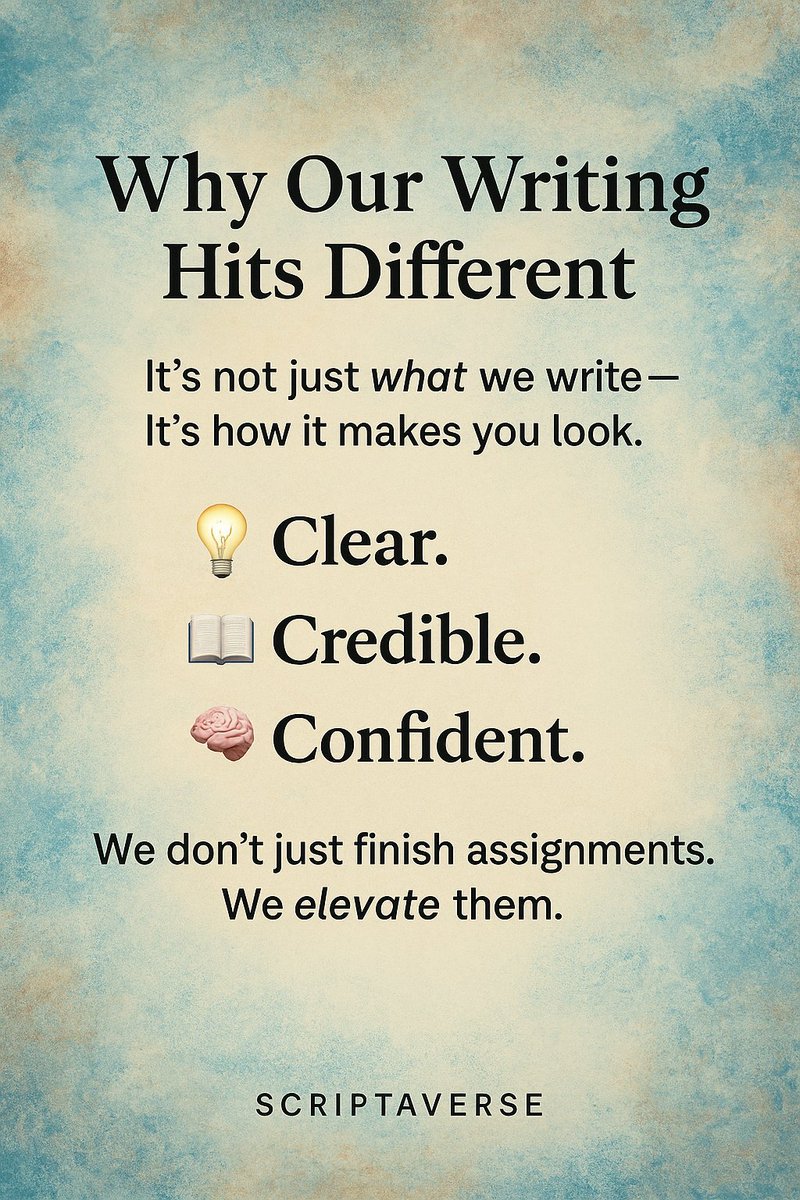 TheScriptaVerse's tweet image. When your writing is sharp, your point hits harder.
That’s why we don’t just write to submit - we write to stand out.
Whether it’s a research paper or a personal statement, we turn your idea into impact.

#Scriptaverse #NotJustWriting #MakeItStandOut #WritingThatWins