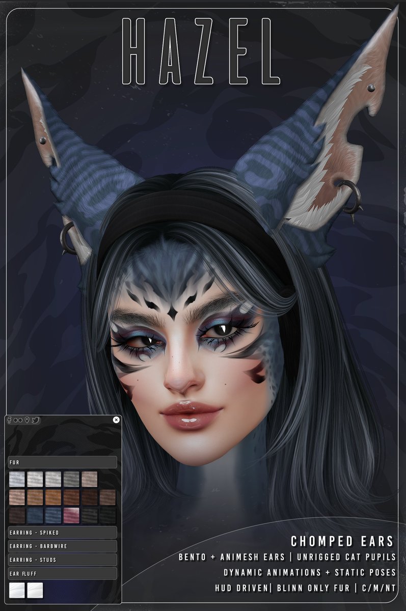 🖤 New at Kustom9!
        Chomped Ears✨
🔹 Full Color HUD
🔹 Animations + Static Poses
🔹 Toggleable Silver Earrings
🔹 BONUS: Unrigged Cat Pupil Overlays 👁️

More earring colors coming soon in a free update!💥
More info / tp 🔗 flic.kr/p/2rgLFz3