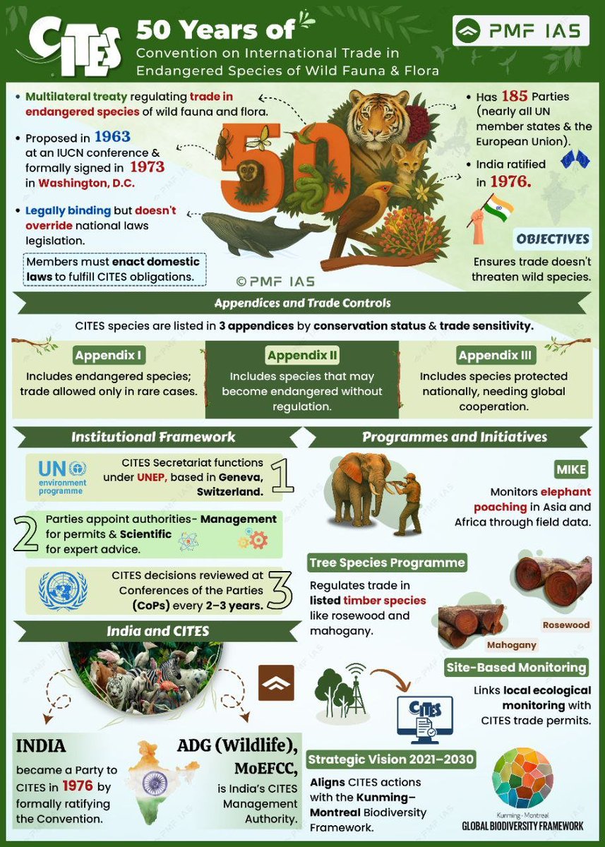 pmfias's tweet image. 🌿 CITES Turns 50!

Celebrating 5 decades of regulating international trade in endangered species to ensure their survival.

📌 Key milestones, structure, and India&apos;s role at a glance

Explore more - pmfias.com/cites/

🔍 Learn how CITES protects wildlife globally.

🧠…