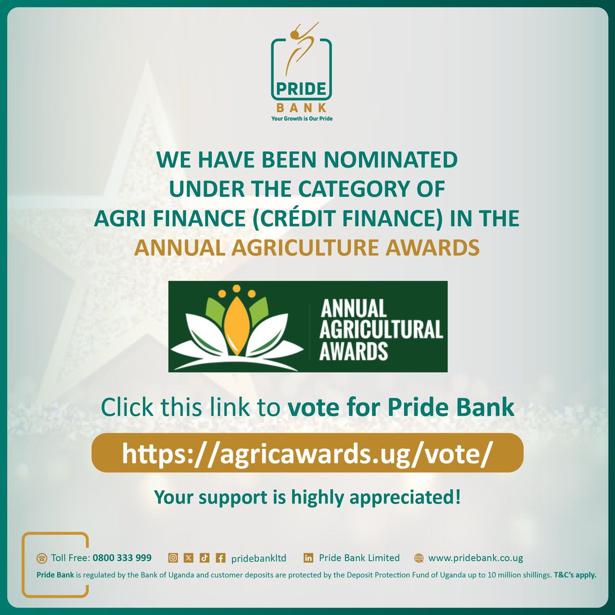 We’re excited to share that <a href="/pridebankltd/">Pride Bank Limited</a> has been nominated in the Agri Finance category at the prestigious Annual Agriculture Awards! 

This nomination is a reflection of our commitment to supporting farmers, agribusinesses, and the entire agricultural value chain across