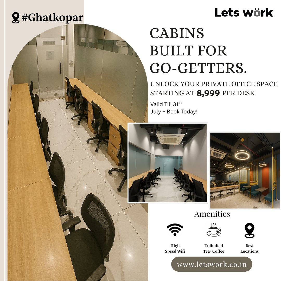 letsworkmumbai's tweet photo. Looking for a space that matches your ambition? 💼
Private cabins at Lets Work Ghatkopar start at just ₹8,999 per desk!
✅ High-Speed WiFi
☕ Unlimited Tea/Coffee
📍 Premium Location
🗓 Valid till 31st July – Book before it’s gone!
#letsworktogether #CoworkingGhatkopar https://t.co/AOJuxng32N
