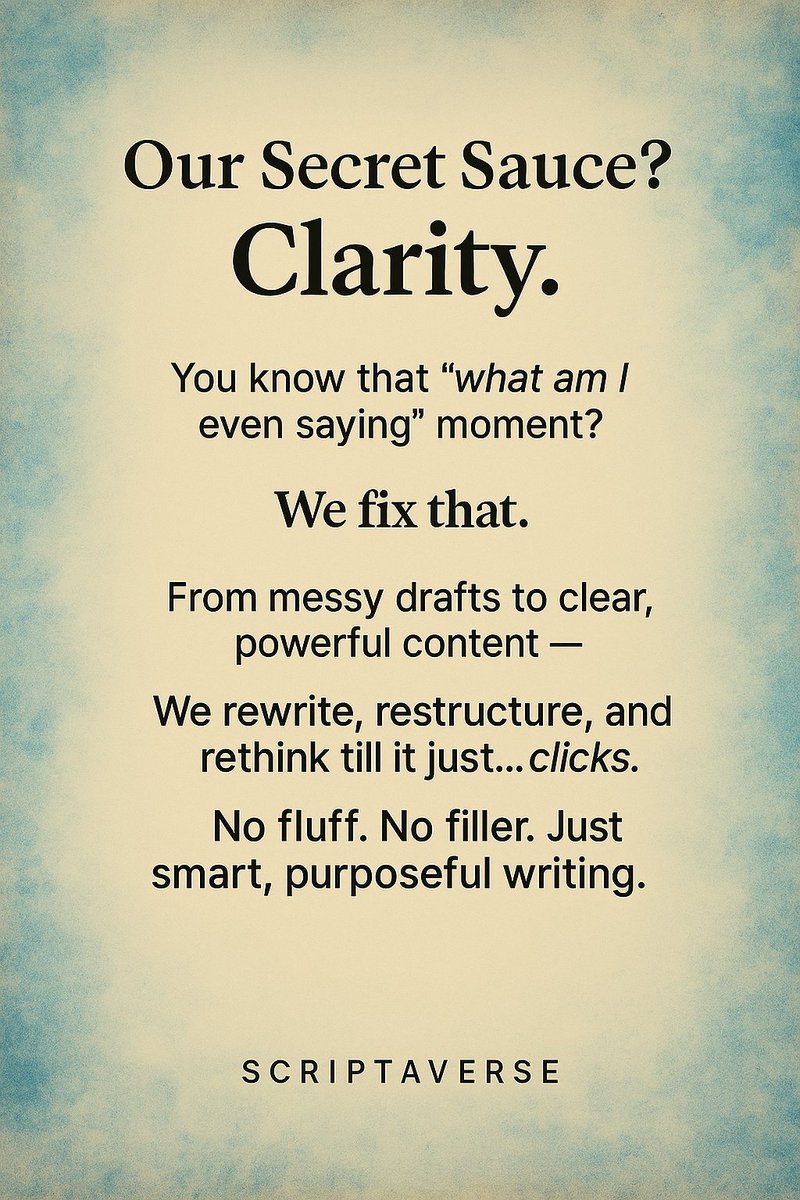 TheScriptaVerse's tweet image. You don’t need bigger words - you need better flow.
Our job? To make your writing say exactly what it needs to - no confusion, no cringe.
Clear. Sharp. Scriptaverse-style.

#WriteWithPurpose #Scriptaverse #ClearNotComplicated #AcademicExcellence #BrainAndBalance