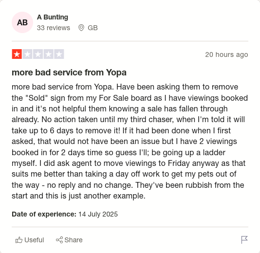 A Bunting gave Yopa 1 star via <a href="/Trustpilot/">Trustpilot</a> trstp.lt/AlVfpviFWG