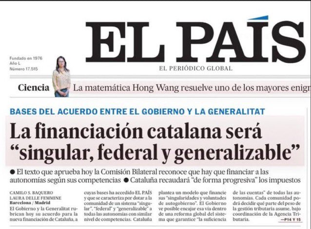 Traducción:

‘La financiación catalana será “ilegal, rupturista e insolidaria”’