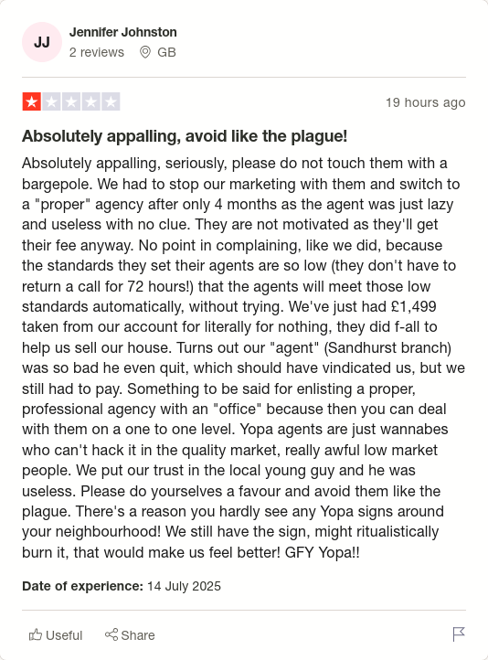 Jennifer Johnston gave Yopa 1 star via <a href="/Trustpilot/">Trustpilot</a> trstp.lt/HbhY4uxUwQ
