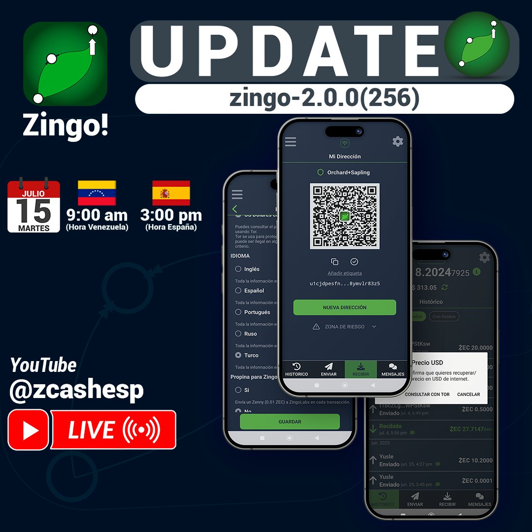 ZingoLabs's tweet image. TODAY, TODAY, TODAY!

🔈 Zingo 2.0.0 Update

Zingo! brings an update with new features:

⚫️ New sync algorithm: Pepper Sync 2.0
⚫️ Check balance with Tor
⚫️ Diversified addresses
⚫️ And more...

To celebrate and share the new features, we&apos;ve prepared a stream so you can learn all…
