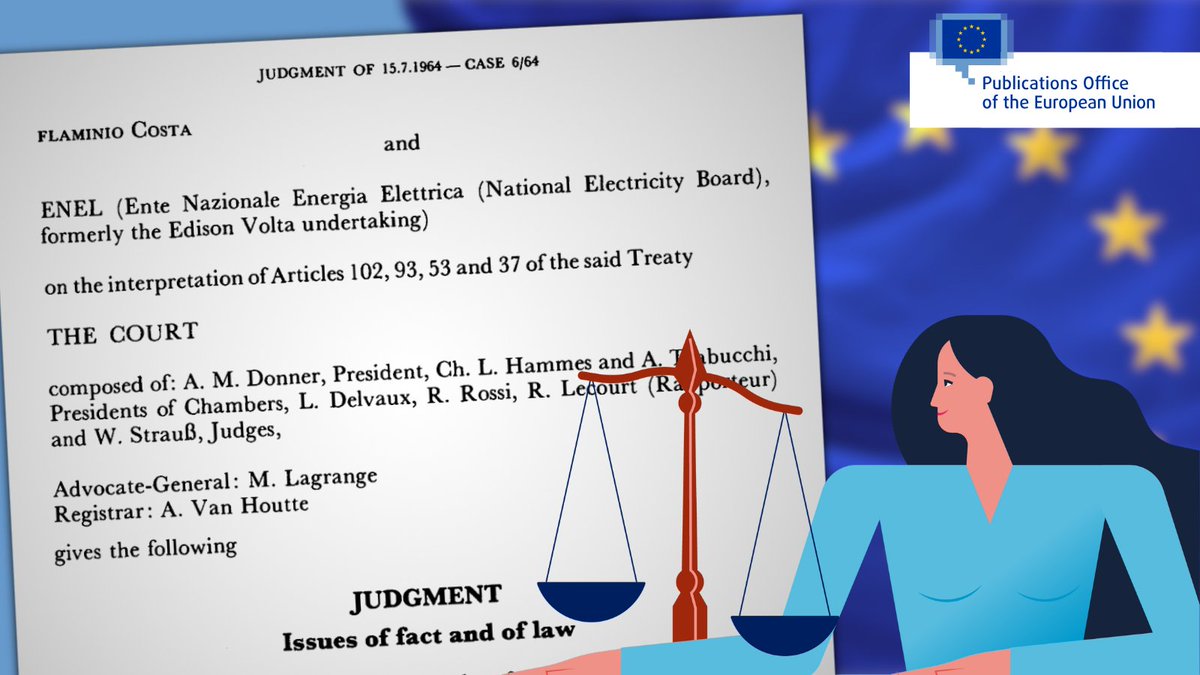 #OnThisDay, in 1964, the landmark Costa/ENEL ruling established the supremacy of EU law over national laws. 

Read on <a href="/EURLex/">EUR-Lex</a> how an unpaid electricity bill helped to substantiate a key principle of #EULaw: europa.eu/!dTTK4x ⚖️

<a href="/EUCourtPress/">EU Court of Justice</a> <a href="/collegeofeurope/">College of Europe</a>