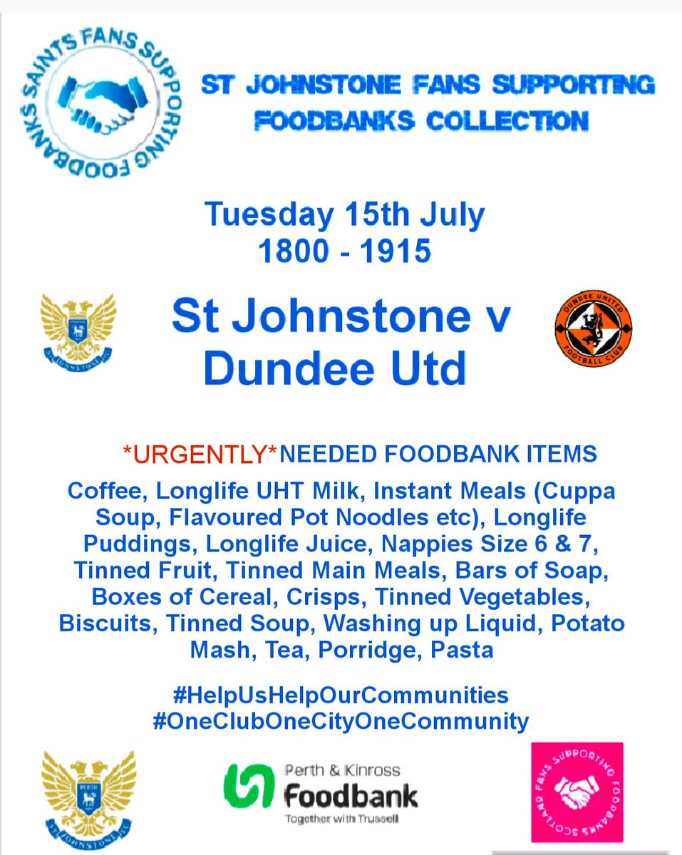 fsfperthsaints's tweet image. It's Match-Day which means it's collection day for us. Please come along before the @StJohnstone v @dundeeunitedfc match, & bring along a donation, if you can, to support @KinrossPerth & @Saints_Trust . Details of collections & most needed items馃憞
Thanks for your support