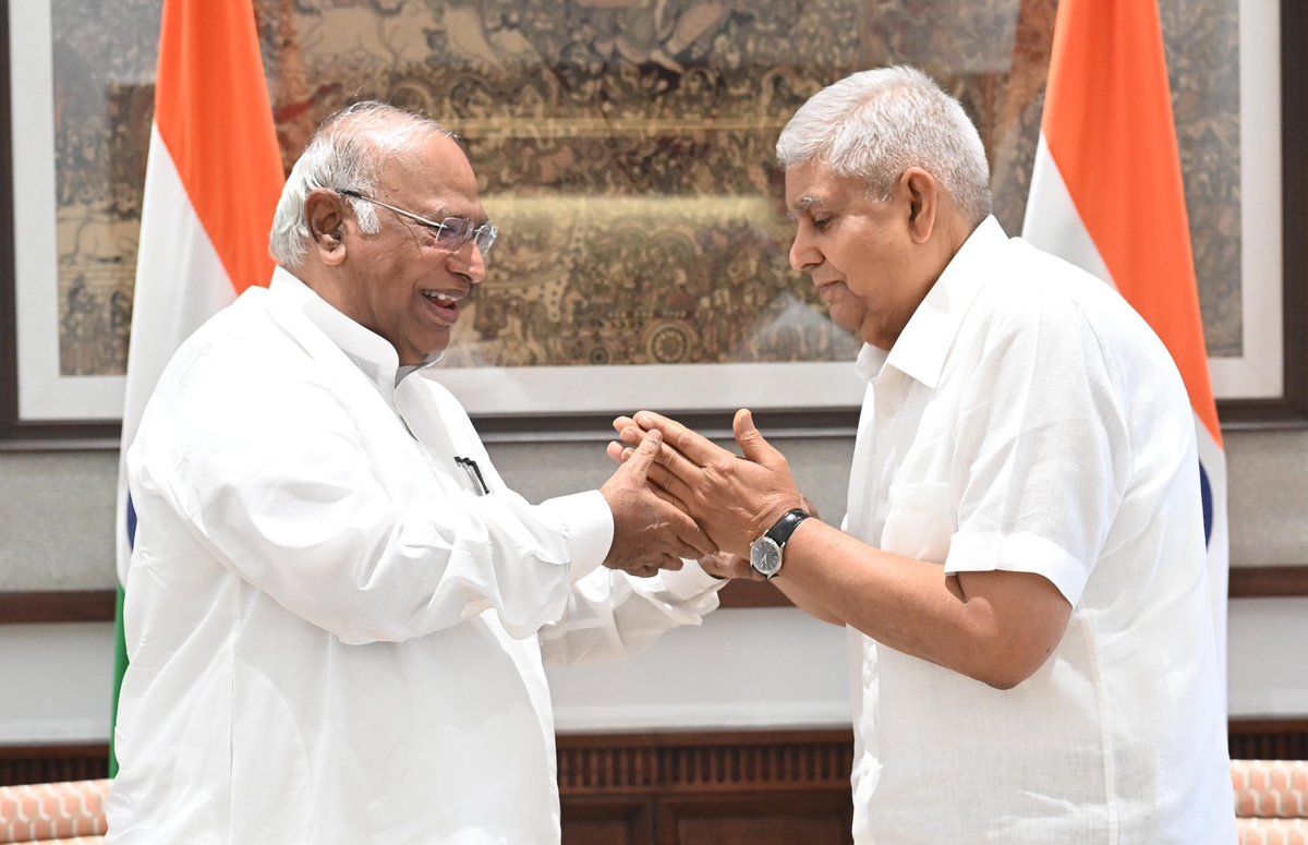 kharge's tweet photo. The Opposition wants a productive Rajya Sabha session from July 21st. For that to happen a number of strategic, political, foreign policy and socio-economic issues that are of great public concern need to be debated and discussed. 

Today, I called on the Hon'ble Chairman of the Rajya Sabha and had a fruitful conversation. @VPIndia
