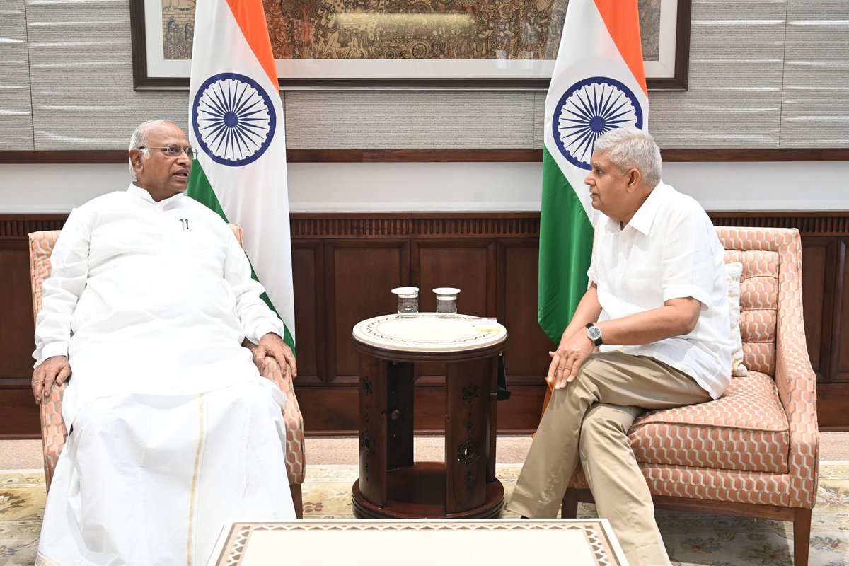 kharge's tweet photo. The Opposition wants a productive Rajya Sabha session from July 21st. For that to happen a number of strategic, political, foreign policy and socio-economic issues that are of great public concern need to be debated and discussed. 

Today, I called on the Hon'ble Chairman of the Rajya Sabha and had a fruitful conversation. @VPIndia