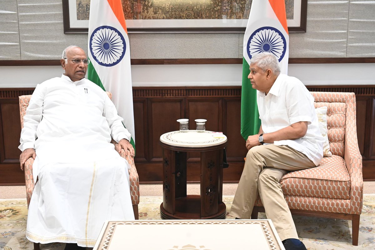 kharge's tweet photo. The Opposition wants a productive Rajya Sabha session from July 21st. For that to happen a number of strategic, political, foreign policy and socio-economic issues that are of great public concern need to be debated and discussed. 

Today, I called on the Hon'ble Chairman of the Rajya Sabha and had a fruitful conversation. @VPIndia