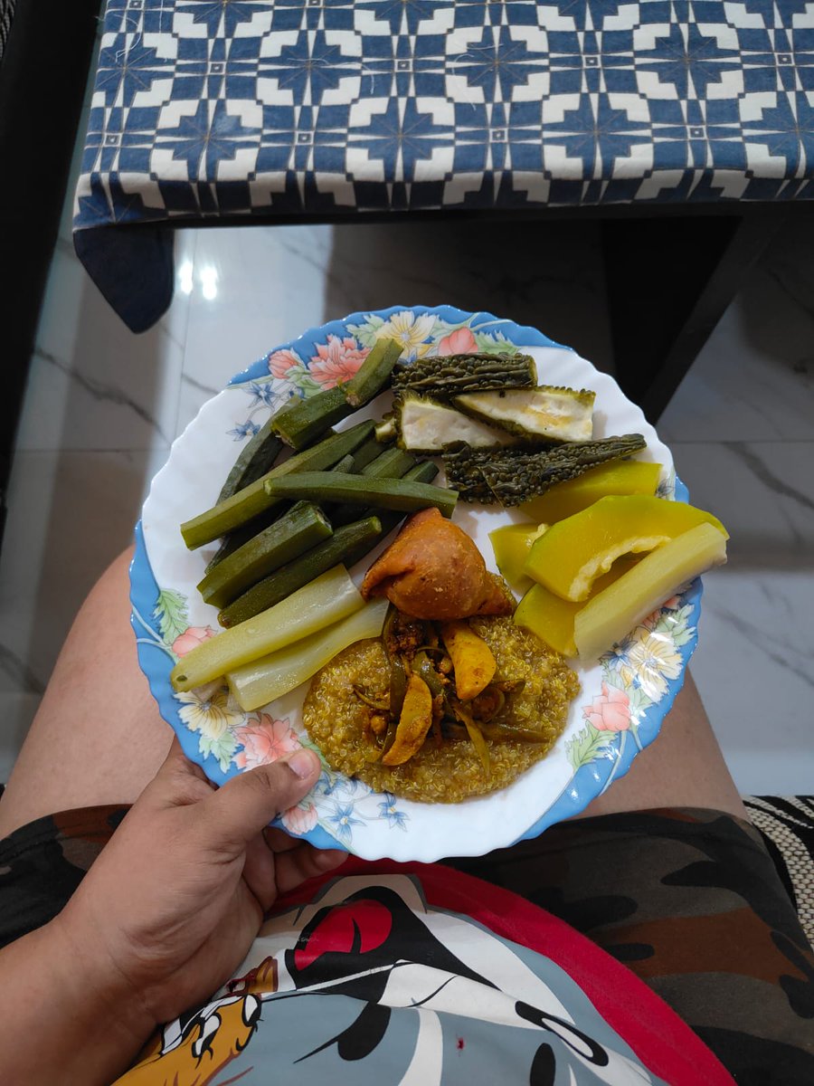 A funny side of my balanced #diet plate :  packed with #healthy stuff, but that ass in the middle is a sneaky deep-fried samosa, like I’m hiding its #cholesterol behind all the fiber!