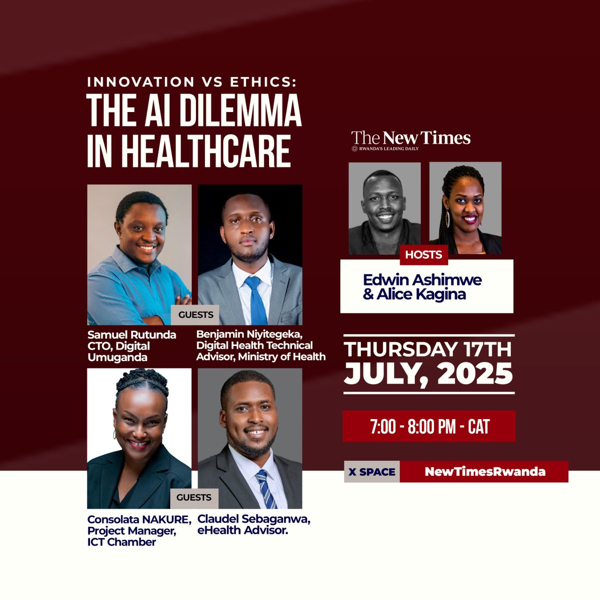 #TNTXSPACES: As Rwanda’s health system embraces innovation, questions of ethics, data privacy, and inclusivity are growing louder.

Join us this Thursday for a vital conversation on “Innovation vs Ethics: The AI Dilemma in Healthcare”, co-hosted by The New Times and