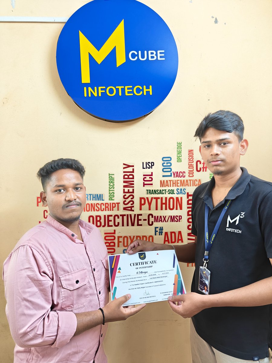 McubeInfotech's tweet photo. 🎓 5 Full Stack Interns. Internship ✅
They just wrapped up 15 days of pure learning at Mcube Infotech — from HTML to Flask, they built real things 💻🚀
We're proud of every step they took!
#mcubeinternship #fullstackdeveloper #webdevelopment #pythonflask #internsuccess https://t.co/YrixX7S6UC