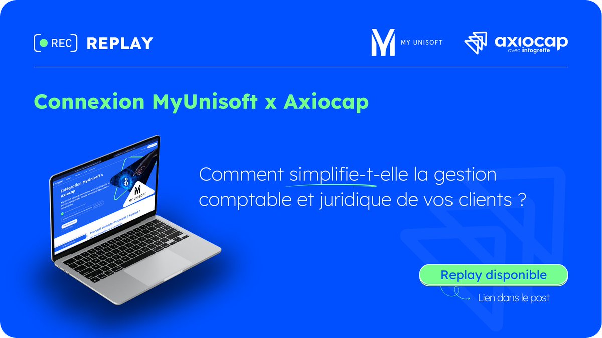 🎬 Replay disponible ! | Webinaire MyUnisoft x Axiocap

Vous avez manqué notre webinaire d'hier ? Pas de panique : le replay est désormais en ligne 👉 bit.ly/4kDbYMr