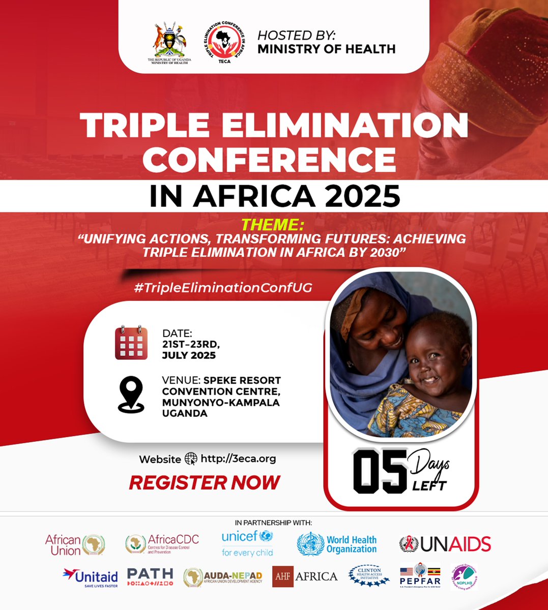 TECA_2025's tweet photo. Just 5️⃣ Days to go until #TripleEliminationConfUG kicks off in Kampala!
Africa’s leaders, experts and stakeholders in health and policy will gather to advance efforts for the elimination of HIV, Hepatitis B, and Syphilis.
For more 👉🏾 https://t.co/9a5h2RY5kJ https://t.co/w9Y4PpxJQU