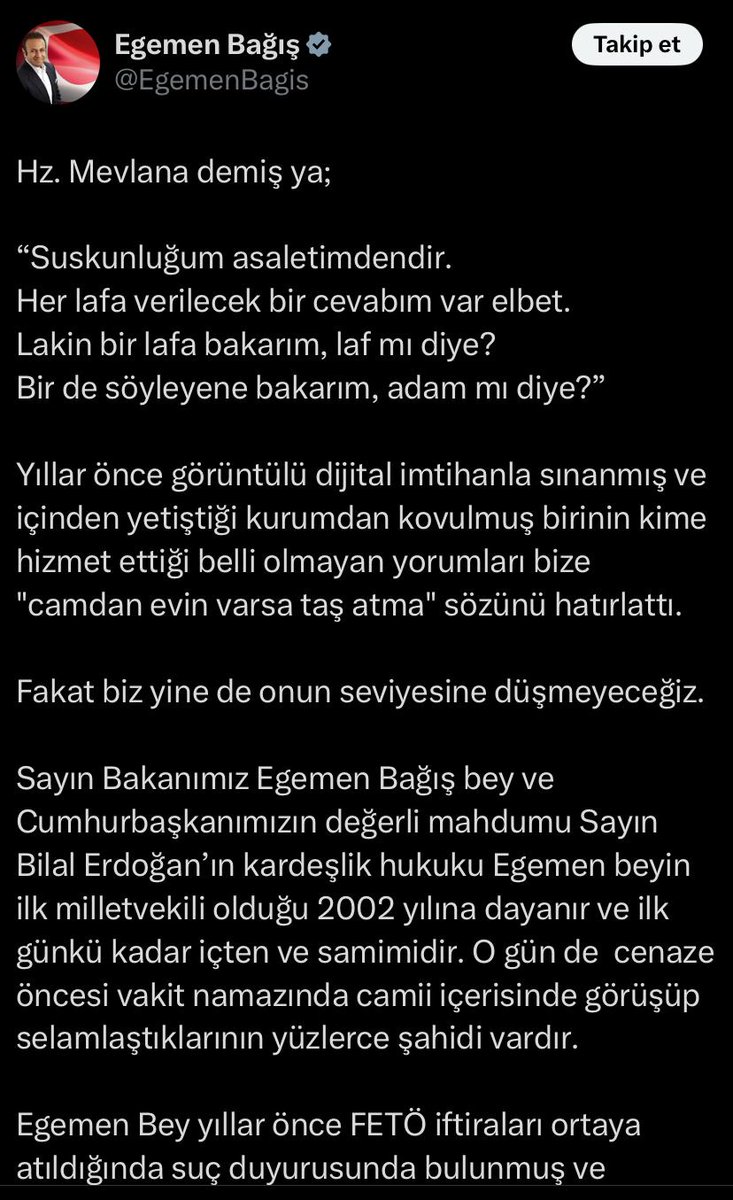Cübbeli Ahmet ile Egemen Bağış sosyal medyada karşı karşıya geldi.

Cübbeli Ahmet, Bilal Erdoğan’ın Egemen Bağış'ın elini sıkmamasını takdir ederek, Bakara Suresi'nden bir ayetle göndermede bulundu.

Egemen Bağış ise Cübbeli Ahmet için "Görüntülü dijital imtihanla sınanmış ve